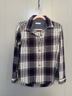 Outerknown Men's Navy Plaid Organic Cotton Twill Blanket Shirt Shaket XS/S